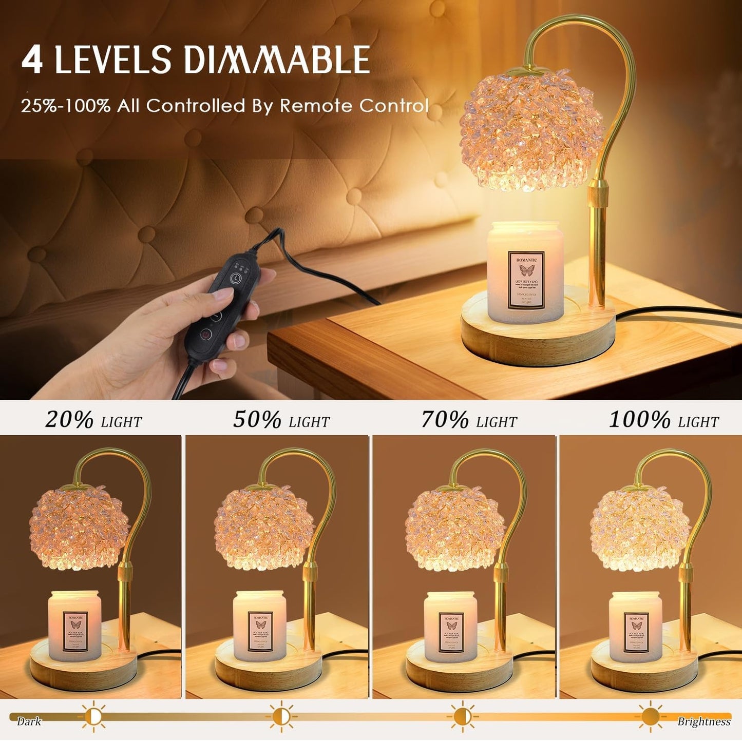 Candle Warmer Lamp with Timer, Dimmer Candle Lamp Warmer Adjustable Height, 312 K9 Crystals Lampshade Electric Wax Melt Warmer with 2 Bulbs, Wax Warmer for Scented Jar Candles (Gold)