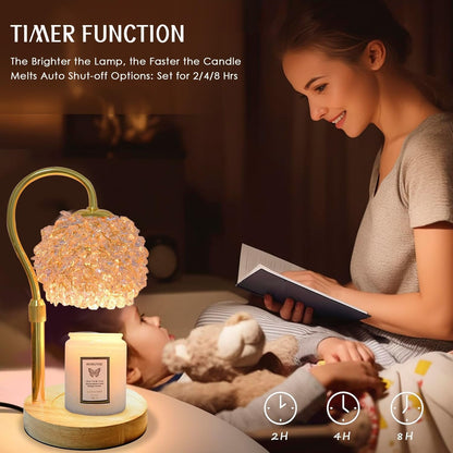 Candle Warmer Lamp with Timer, Dimmer Candle Lamp Warmer Adjustable Height, 312 K9 Crystals Lampshade Electric Wax Melt Warmer with 2 Bulbs, Wax Warmer for Scented Jar Candles (Gold)