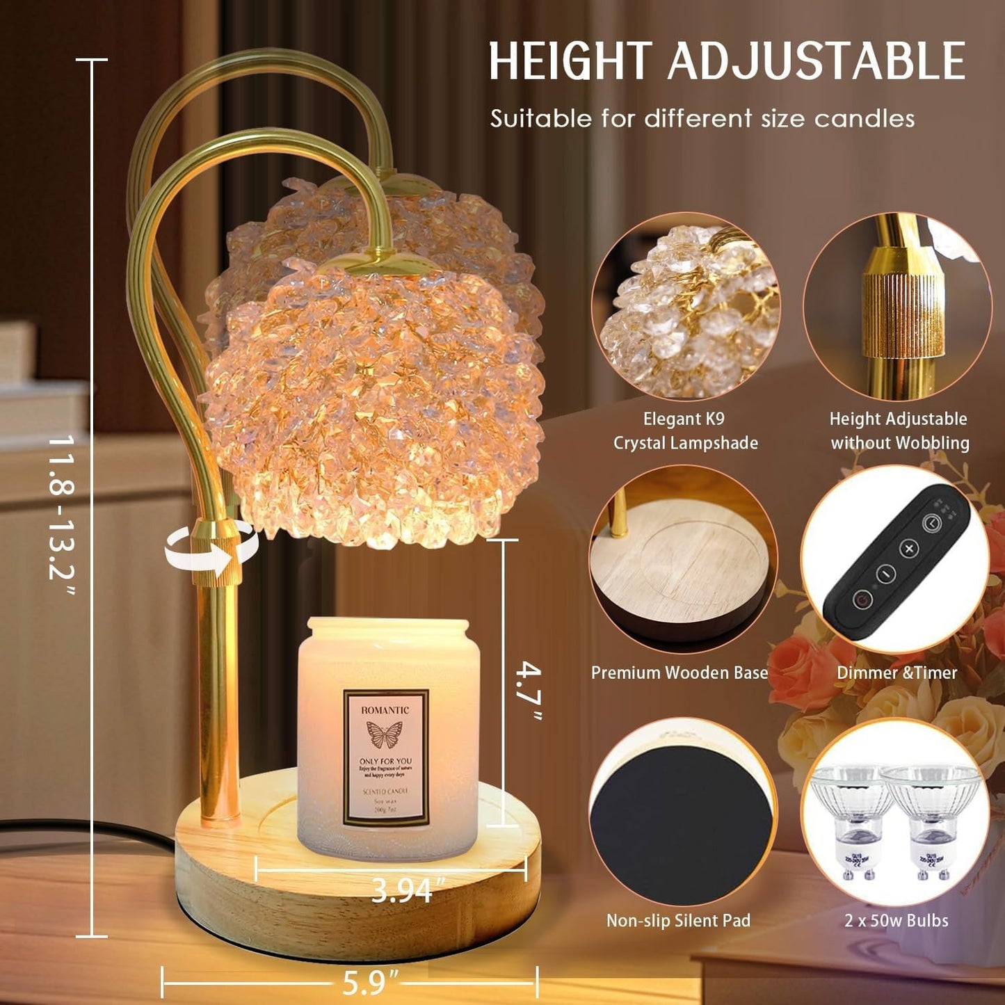 Candle Warmer Lamp with Timer, Dimmer Candle Lamp Warmer Adjustable Height, 312 K9 Crystals Lampshade Electric Wax Melt Warmer with 2 Bulbs, Wax Warmer for Scented Jar Candles (Gold)