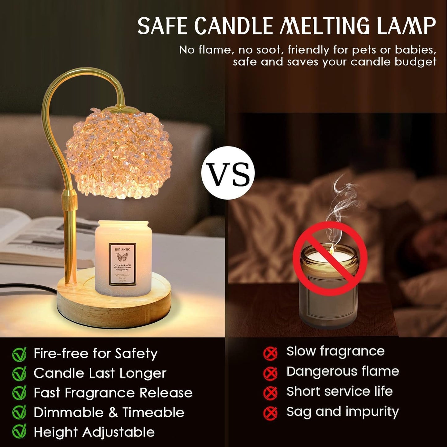 Candle Warmer Lamp with Timer, Dimmer Candle Lamp Warmer Adjustable Height, 312 K9 Crystals Lampshade Electric Wax Melt Warmer with 2 Bulbs, Wax Warmer for Scented Jar Candles (Gold)