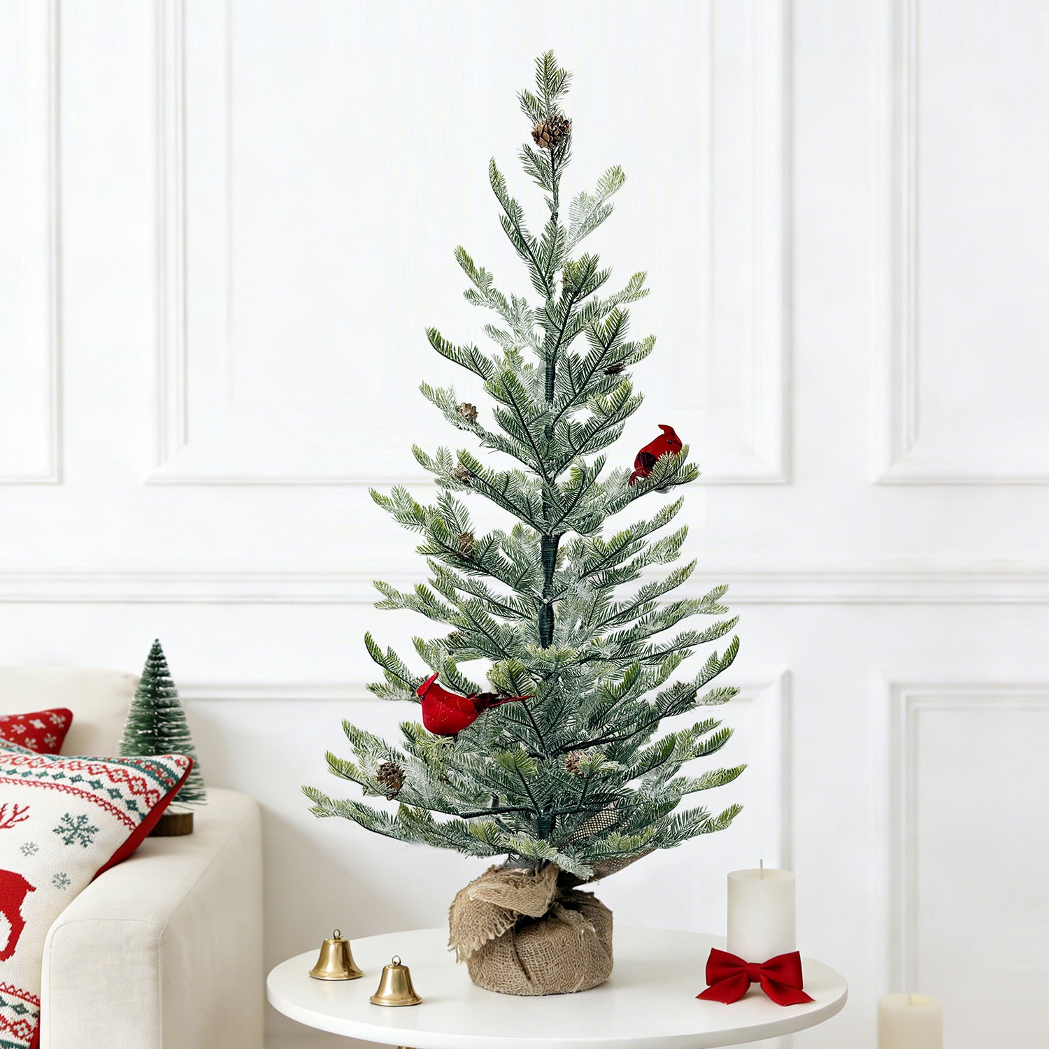 Mini Christmas Tree 30" – Frosted Greenery with Birds & Pine Cones – YCY020-102B-30T