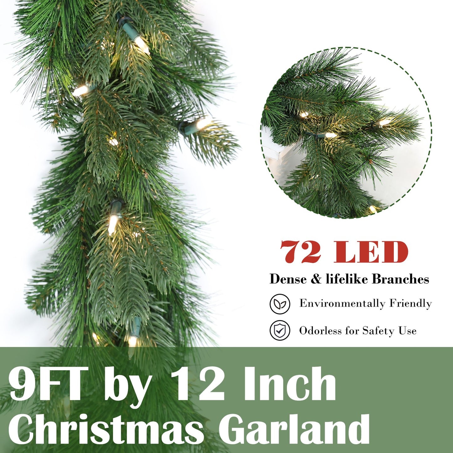 Pre-Lit Warm White LEDs Garland (G108FW12-180T-72LED )
