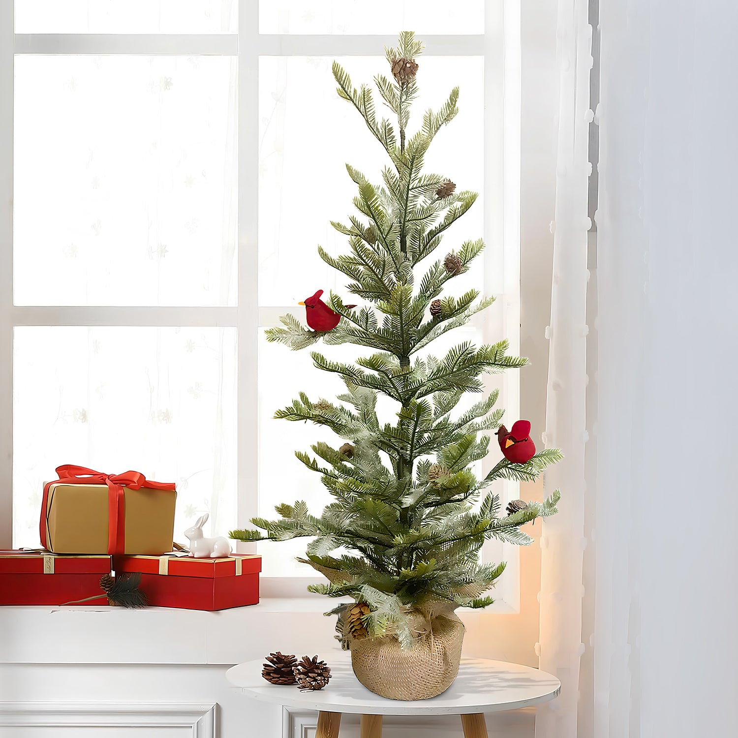 Mini Christmas Tree 30" – Frosted Greenery with Birds & Pine Cones – YCY020-102B-30T