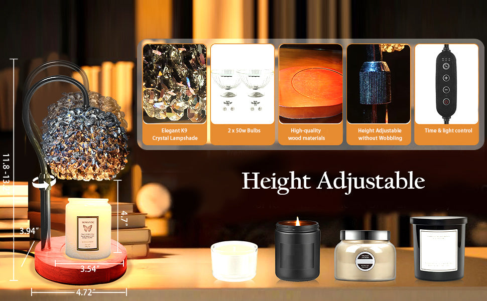 Candle Warmer Lamp with Timer, Dimmer Candle Lamp Warmer Adjustable Height, 312 K9 Crystals Lampshade Electric Wax Melt Warmer with 2 Bulbs, Wax Warmer for Scented Jar Candles (Black)