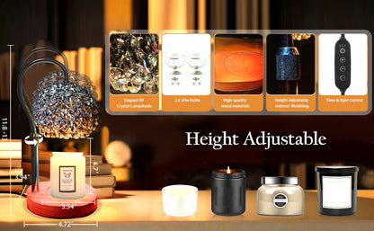Candle Warmer Lamp with Timer, Dimmer Candle Lamp Warmer Adjustable Height, 312 K9 Crystals Lampshade Electric Wax Melt Warmer with 2 Bulbs, Wax Warmer for Scented Jar Candles (Black)