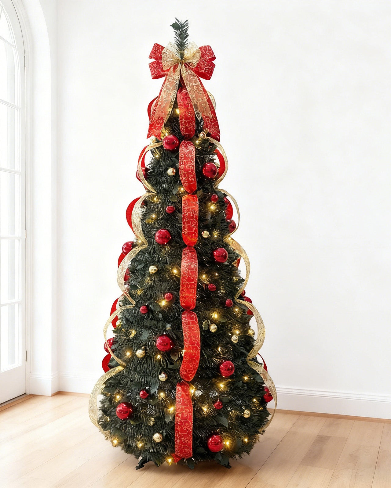 Pre-lit Tinsel with Ornaments & Bow – Folding Christmas Tree 6FT – Q31660AL/RG