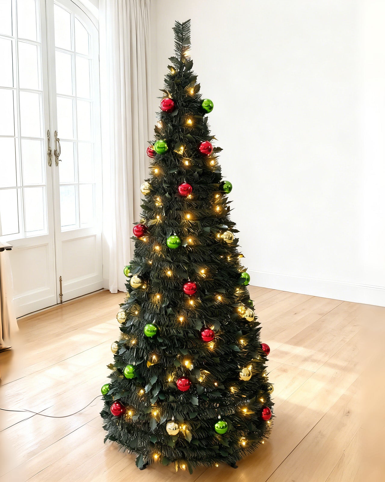 Pre-lit Tinsel with Decorative Baubles – Folding Christmas Tree 6FT – Q48660AL/RGN