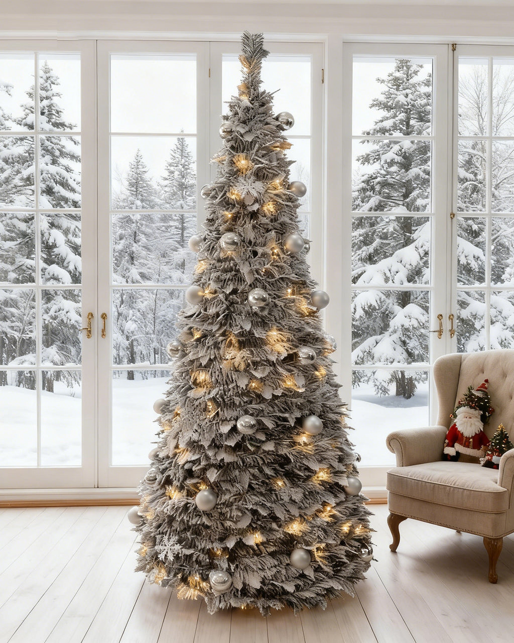 Pre-lit Flocked Tinsel with Baubles & Snowflakes – Folding Christmas Tree 6FT – Q50560ALW/BX
