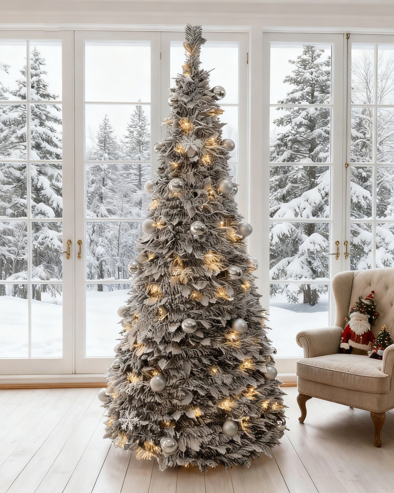 Pre-lit Flocked Tinsel with Baubles & Snowflakes – Folding Christmas Tree 6FT – Q50560ALW/BX